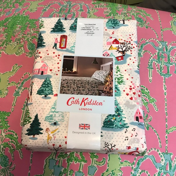 NWT! Cath Kidston London Christmas Twin Sheet Set Shine Bright Cream 100% Cotton